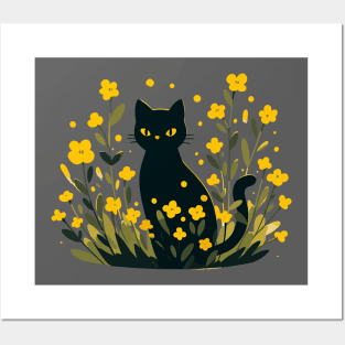 Black cat in yellow flower garden Posters and Art